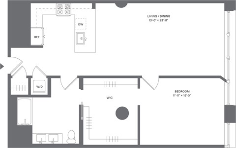 Floor plan for 1 bed, 1 bath, 1005 sqft